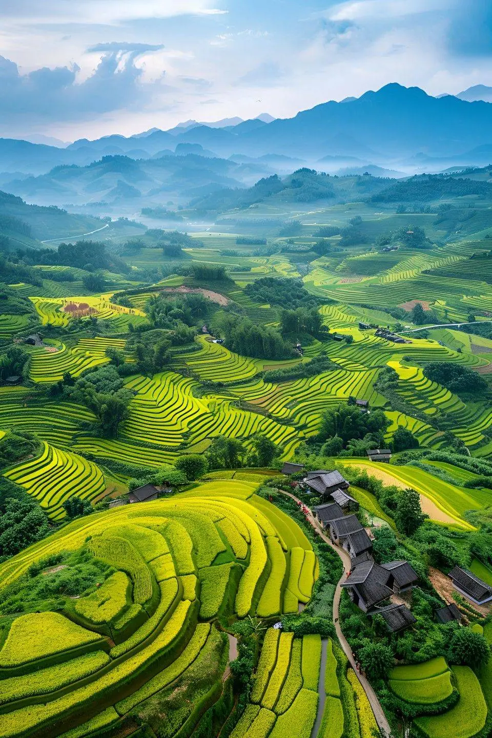 an aerial view of rice fields in the mountains