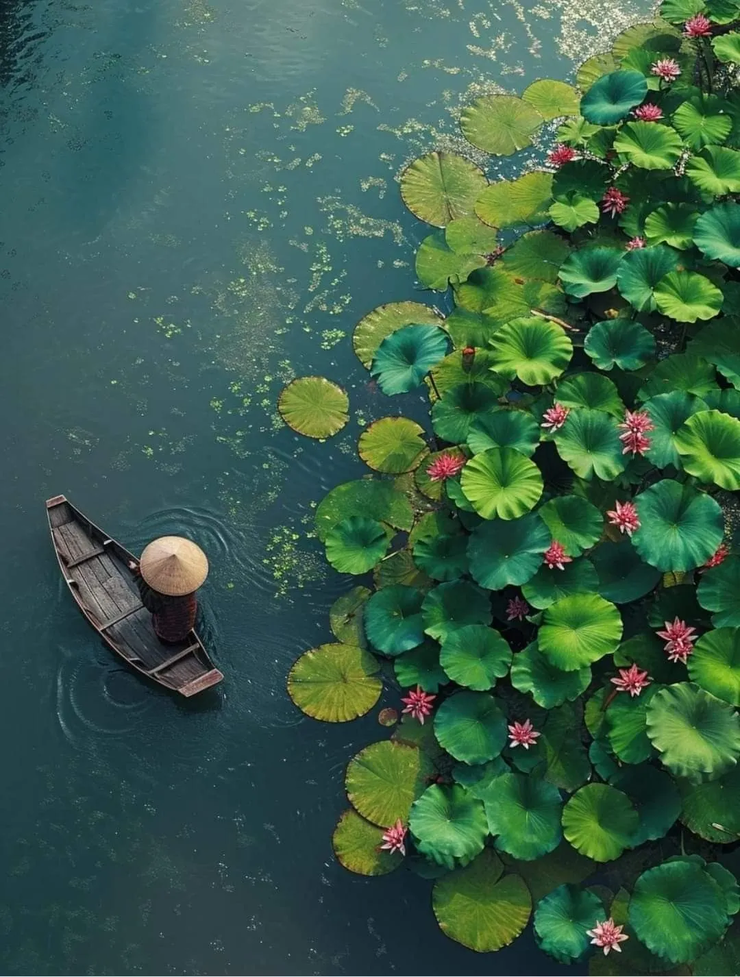 a small boat floating on top of a body of water surrounded by lily pad plants